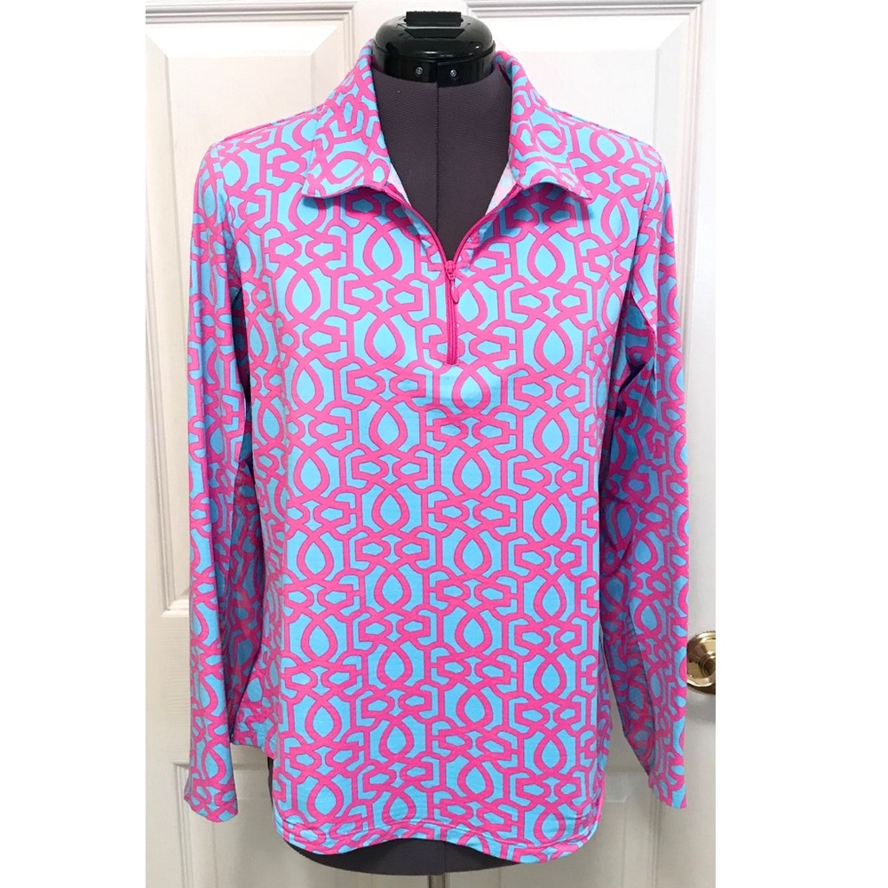 IBKUL Pink and Light Blue Geometric Long Sleeve Polo